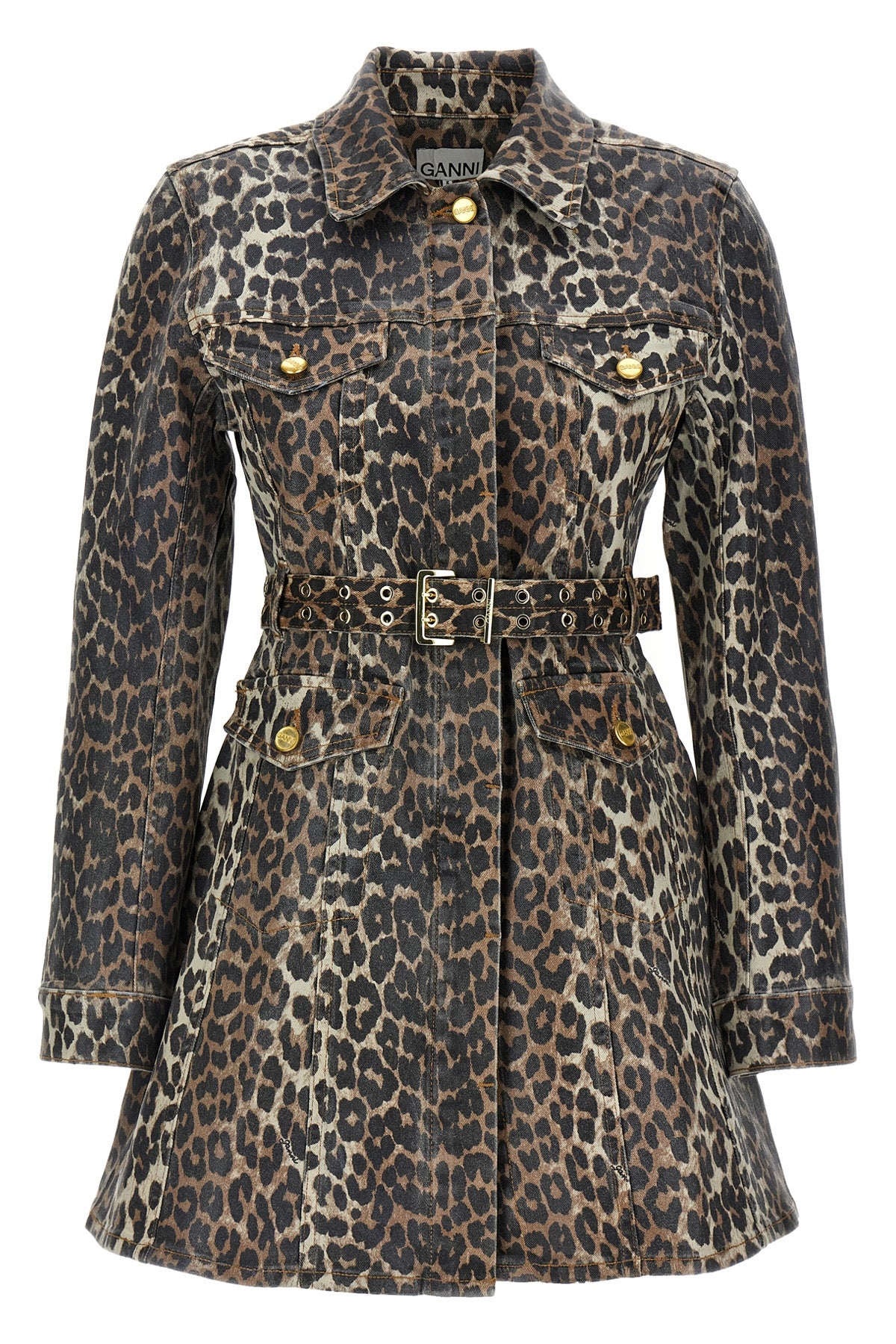 GANNI 36 mini dress in leopard print cotton denim