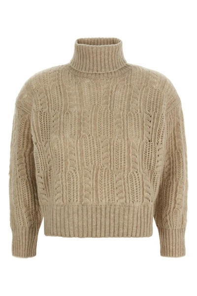 the agnona high neck sweater in beige tones is distinguished by a complex perfor