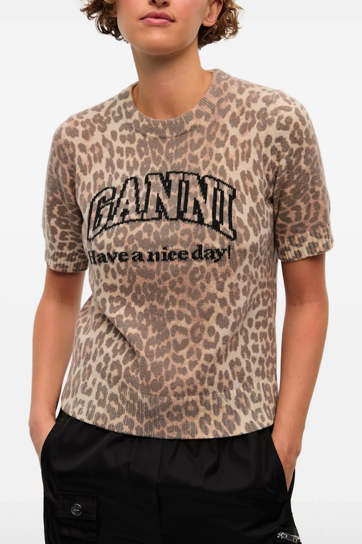 GANNI S leopard wool mix leopard-patterned wool t-shirt