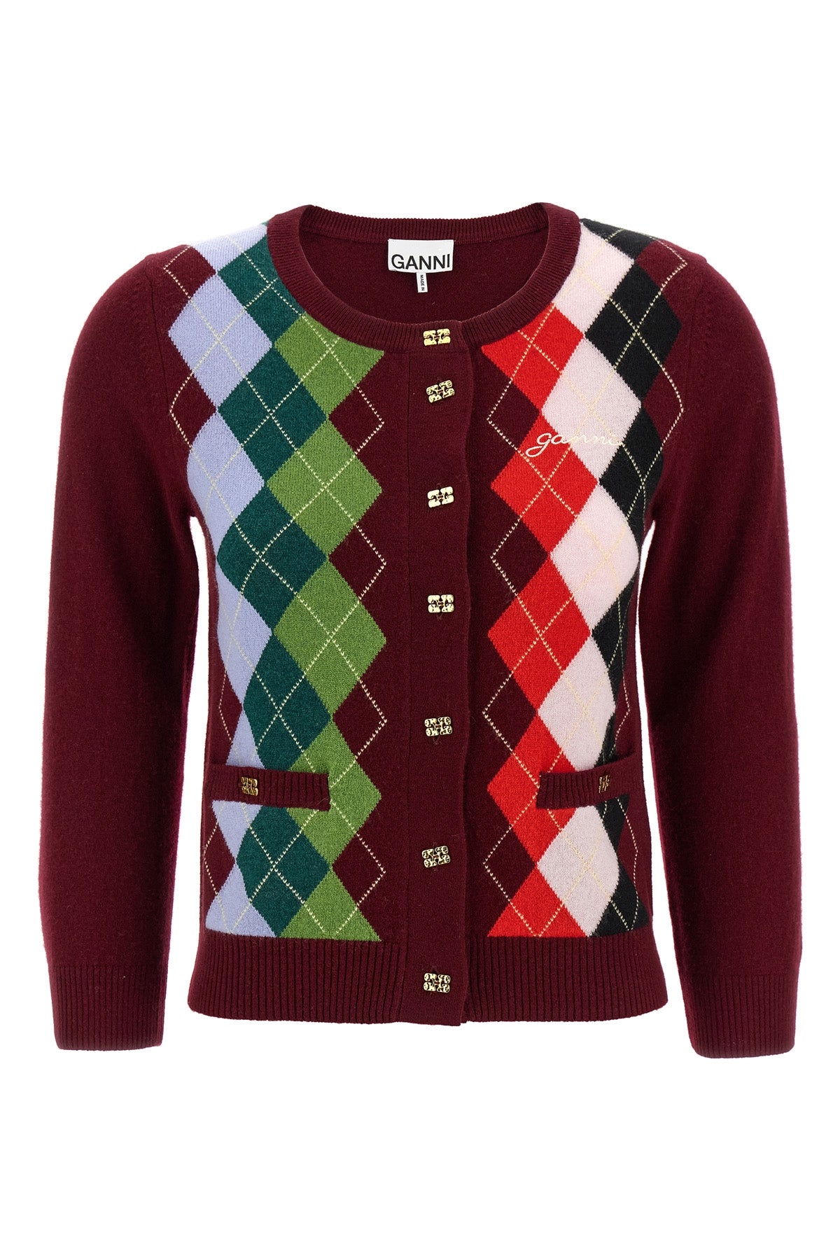 GANNI M burgundy check merino wool and cashmere blend cardigan