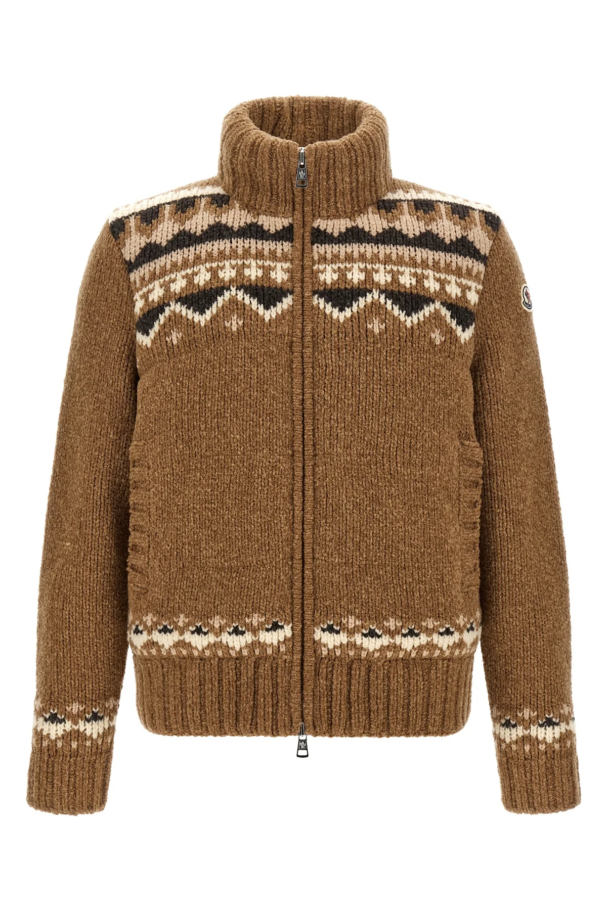 MONCLER M the moncler feather-padded cardigan in brown bouclé virgin wool blend