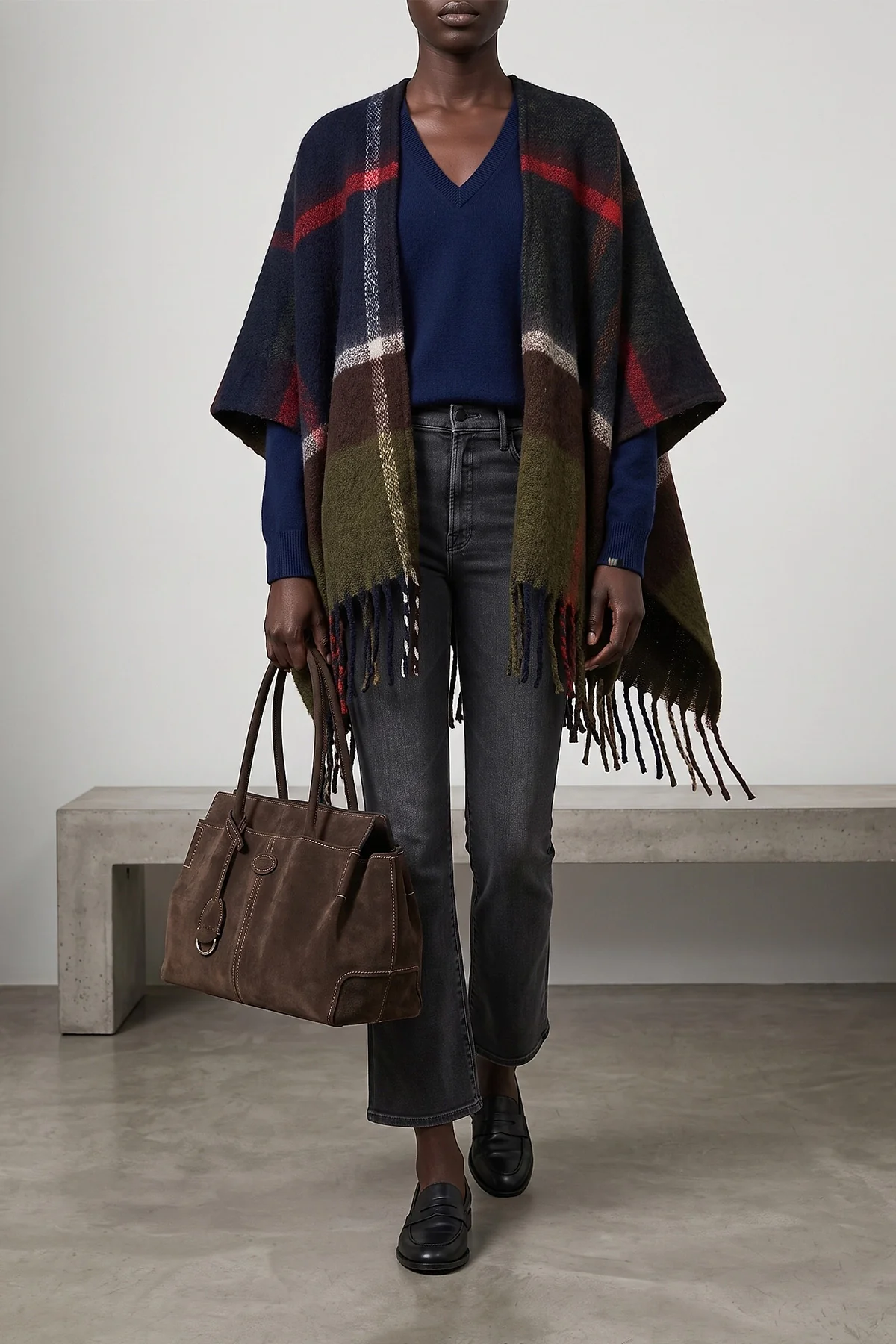 BARBOUR OS isla boucle serape cape in all-over check print knit