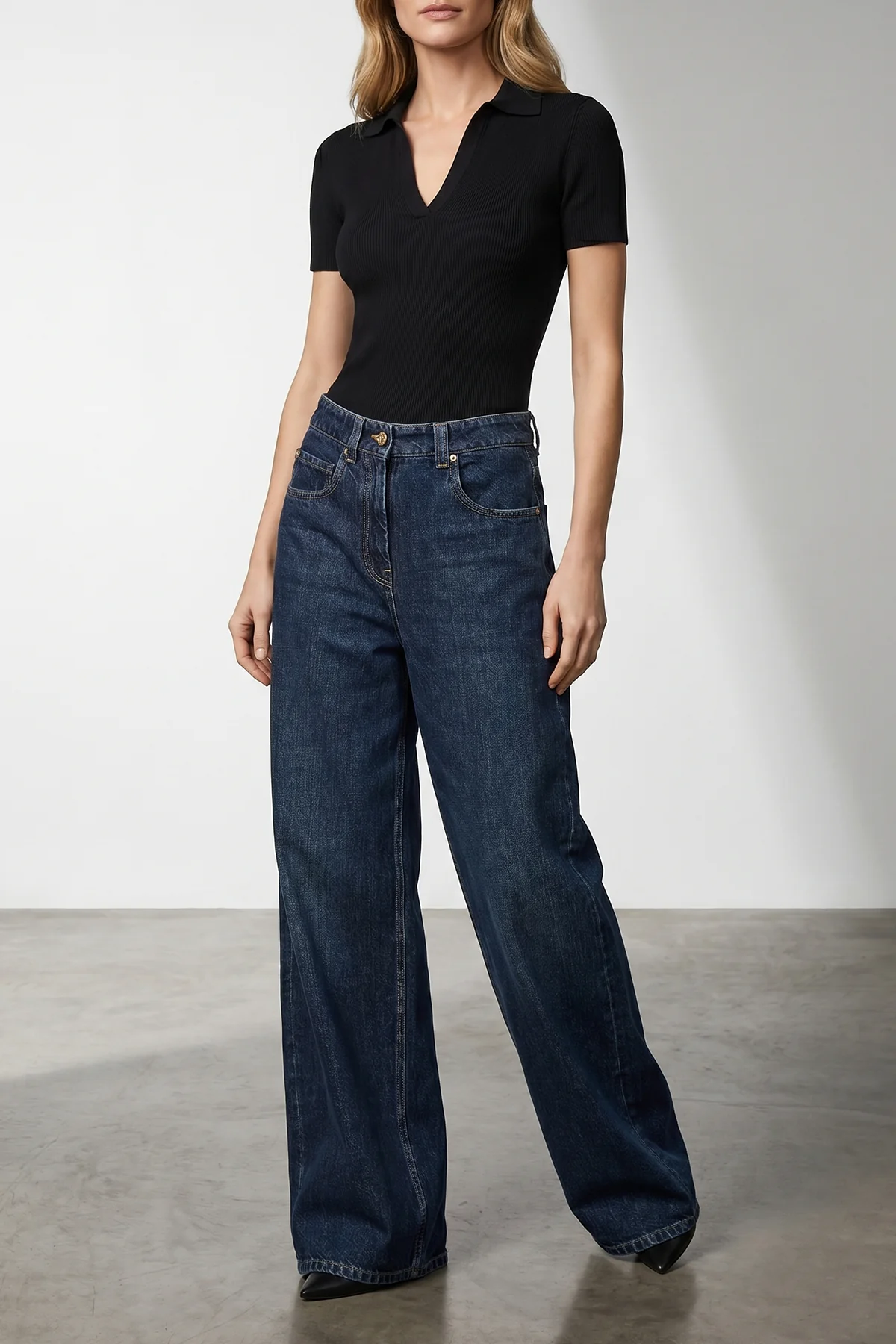 wide barrel full lenght mid-rise jeans in cotton denim