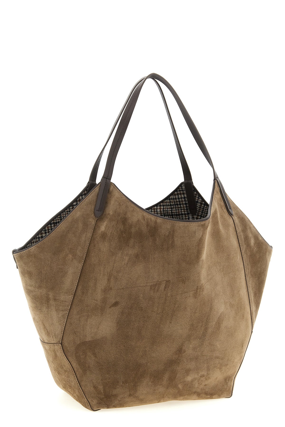 prince of wales patterned suede and wool reversible shopping bag