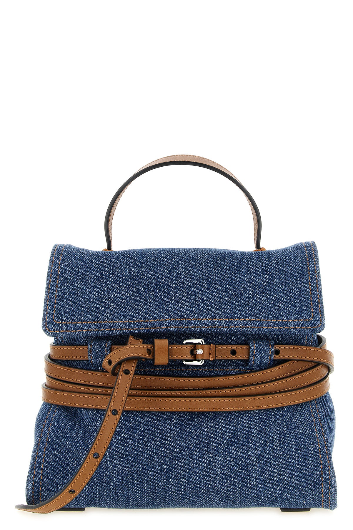 MOSCHINO OS moschino tie me small denim handbag reinterprets urban codes through a contras