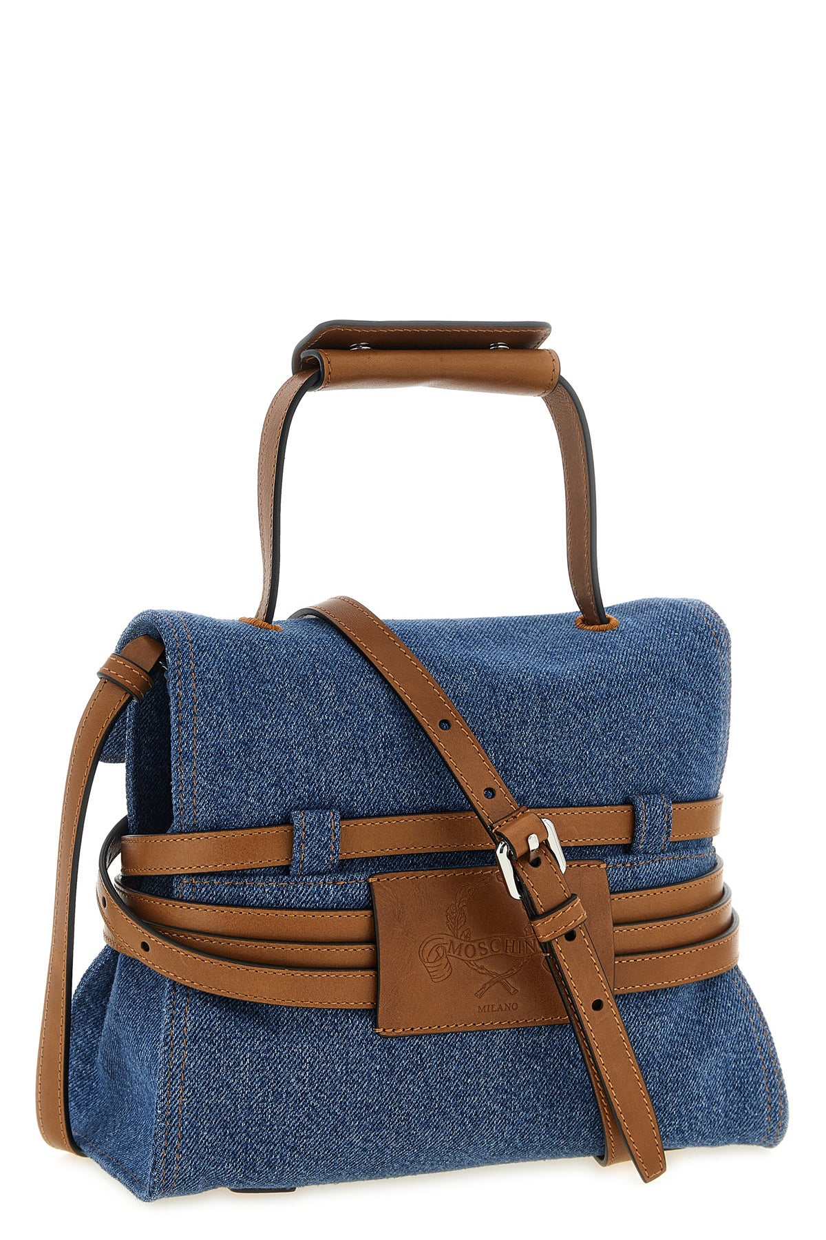MOSCHINO OS the moschino tie me regular handbag in structured blue denim stands out for a