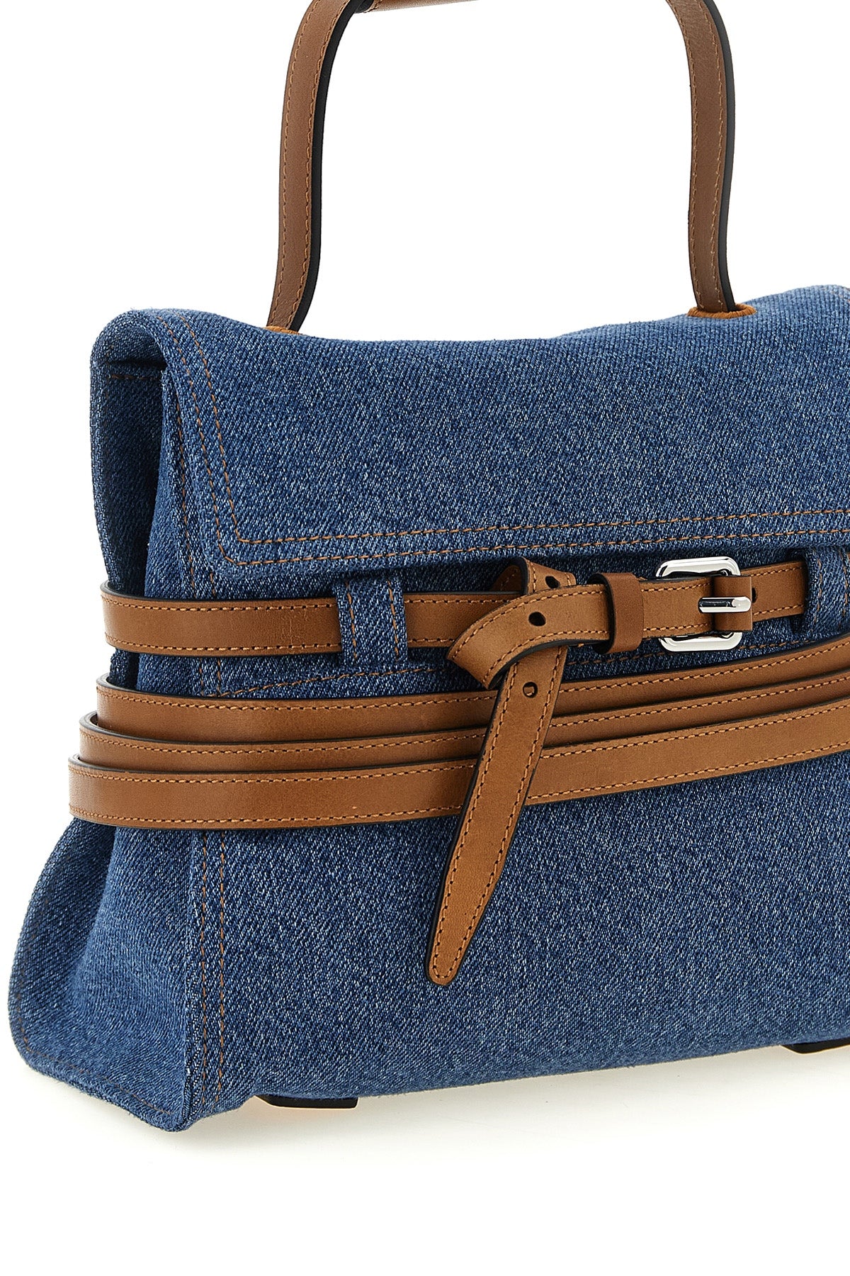 the moschino tie me regular handbag in structured blue denim stands out for a