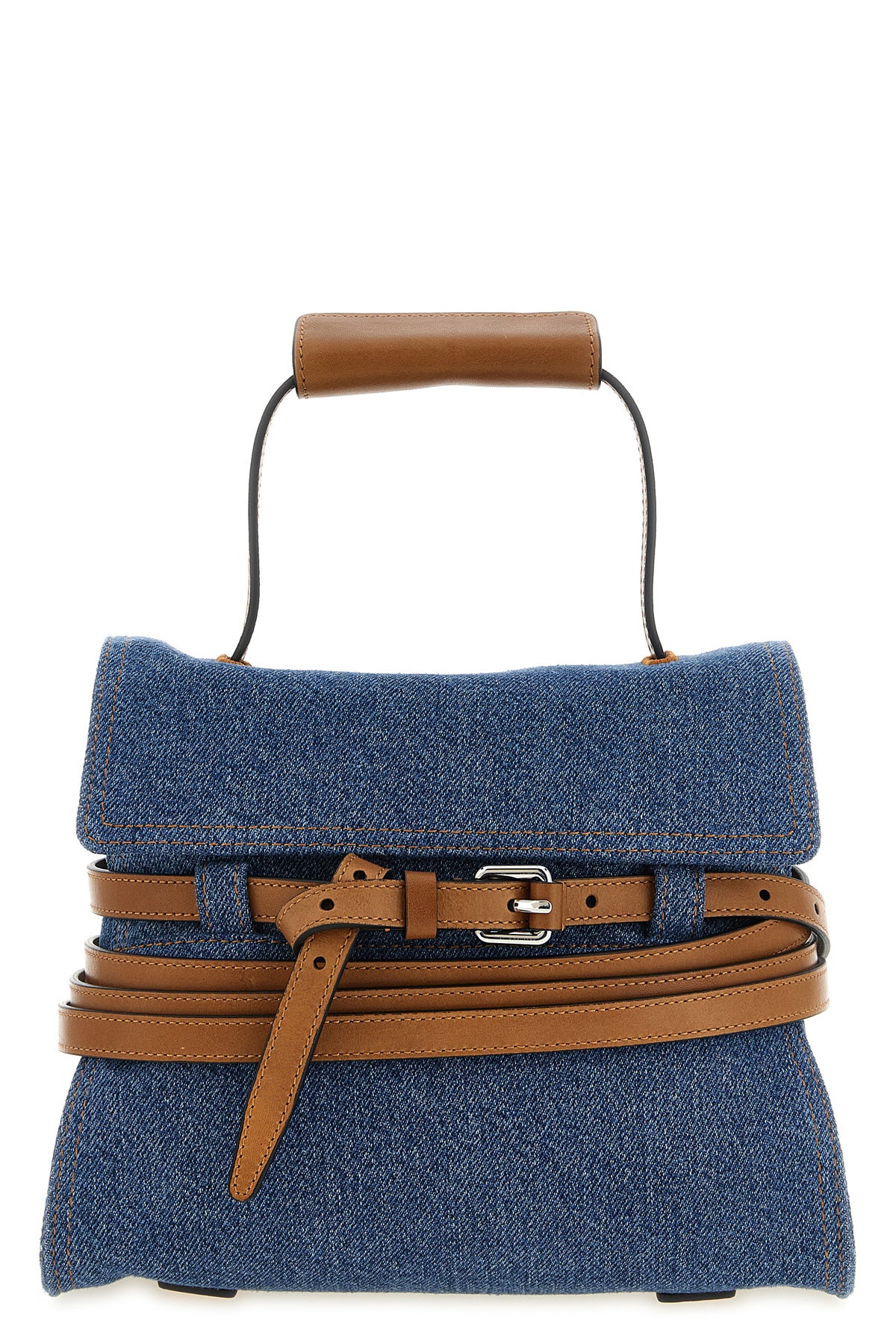 the moschino tie me regular handbag in structured blue denim stands out for a