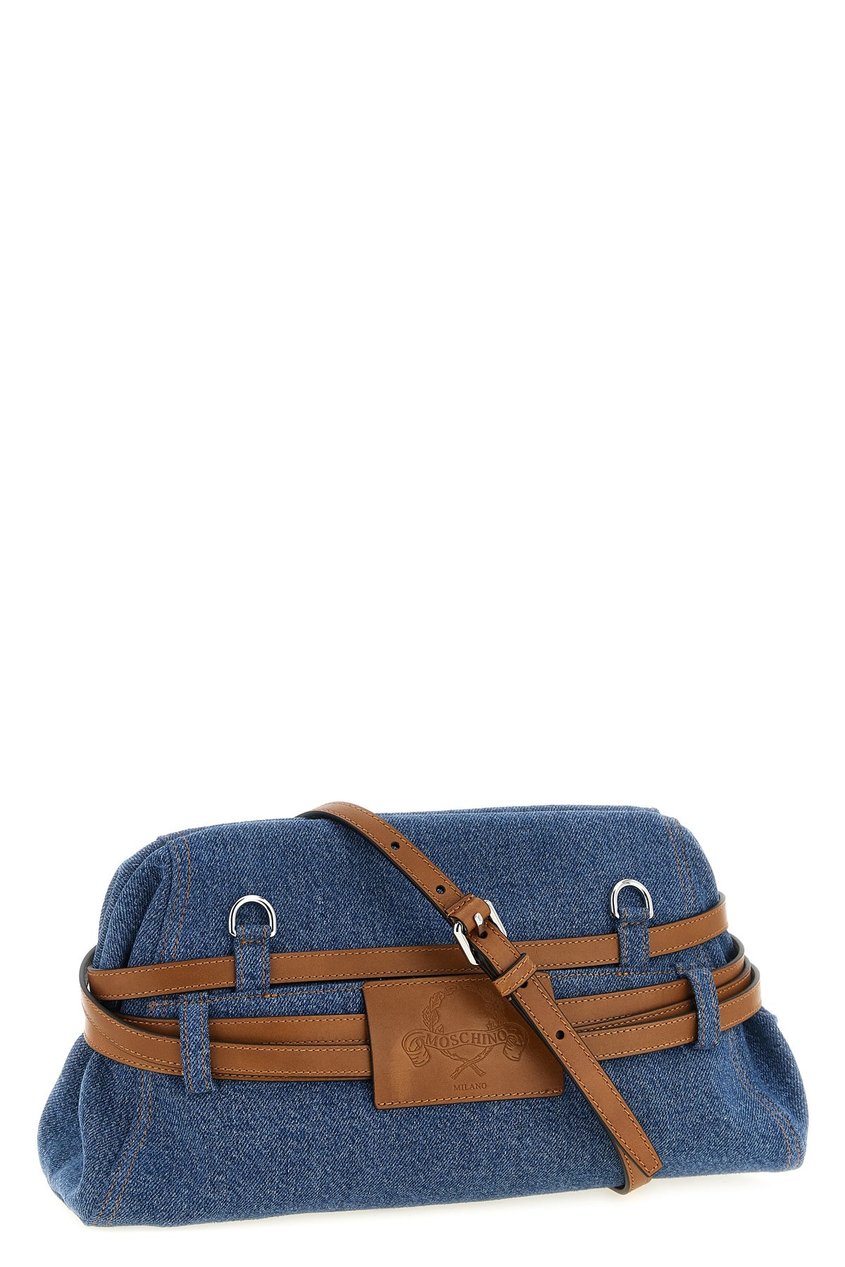 MOSCHINO OS moschinos large tie me cotton denim clutch stands out for its unstructured si