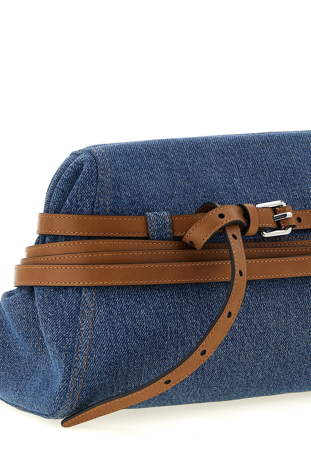 moschinos large tie me cotton denim clutch stands out for its unstructured si