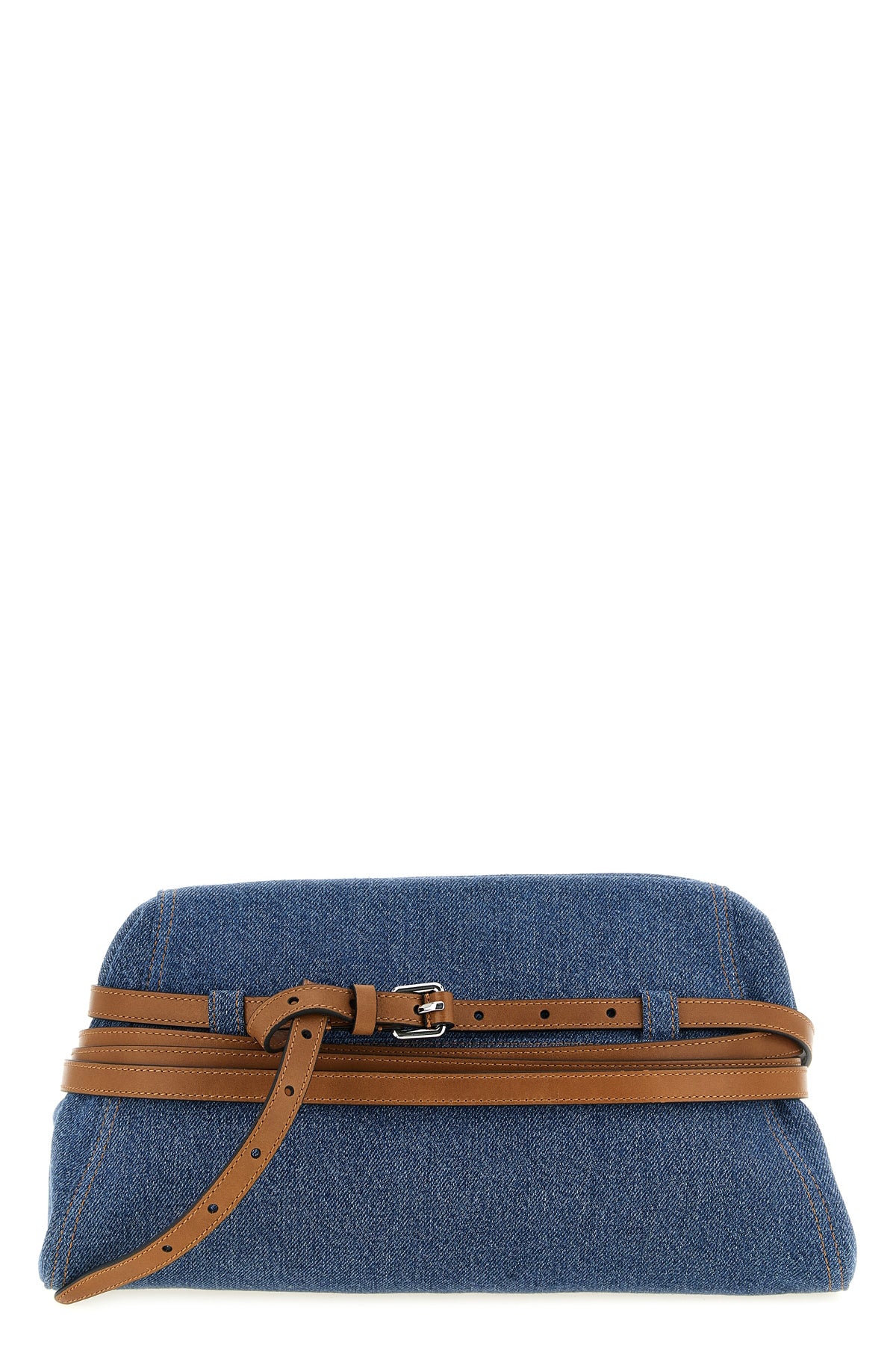 MOSCHINO OS moschinos large tie me cotton denim clutch stands out for its unstructured si