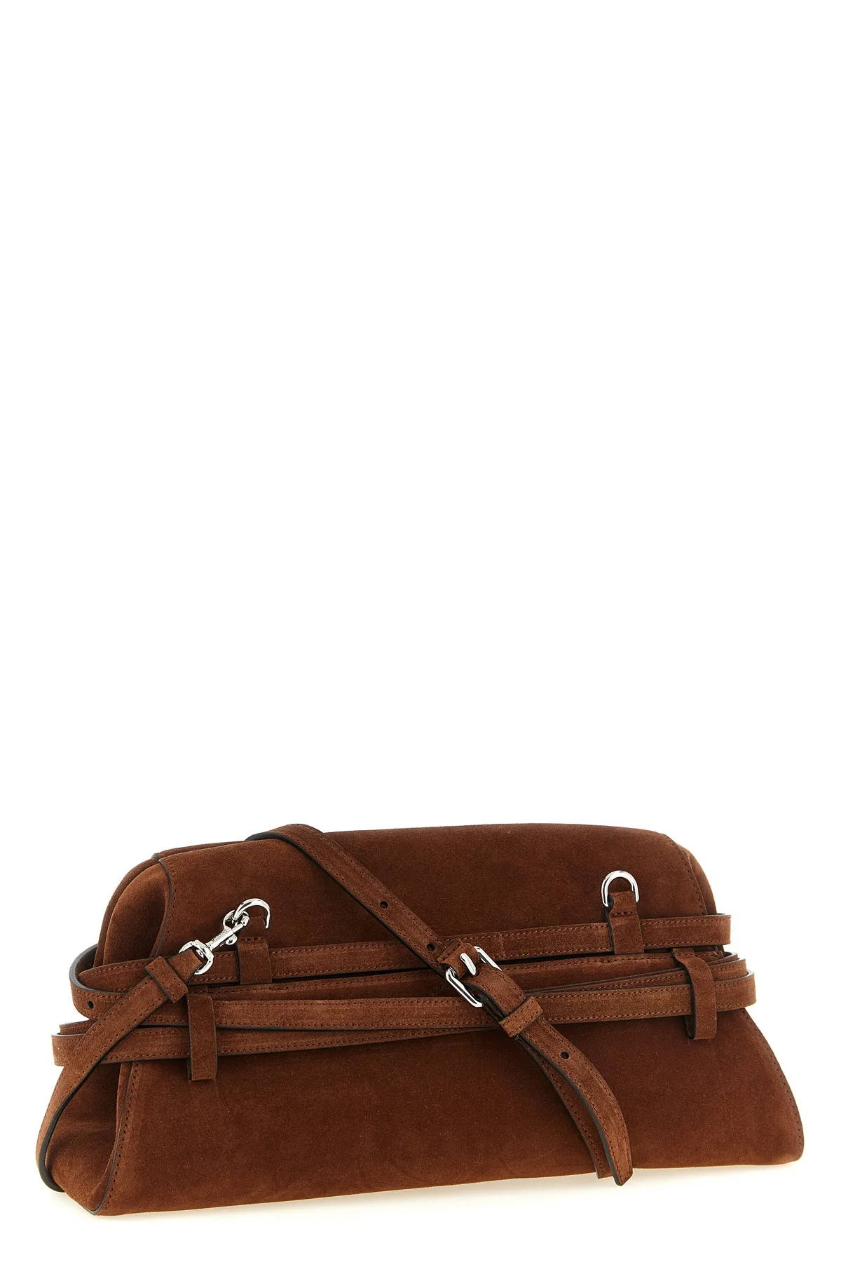 MOSCHINO OS the moschino large tie me cutch in soft tobacco-colored suede stands out for i