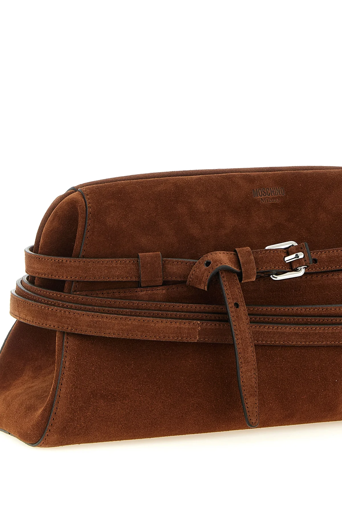 the moschino large tie me cutch in soft tobacco-colored suede stands out for i