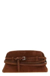 the moschino large tie me cutch in soft tobacco-colored suede stands out for i