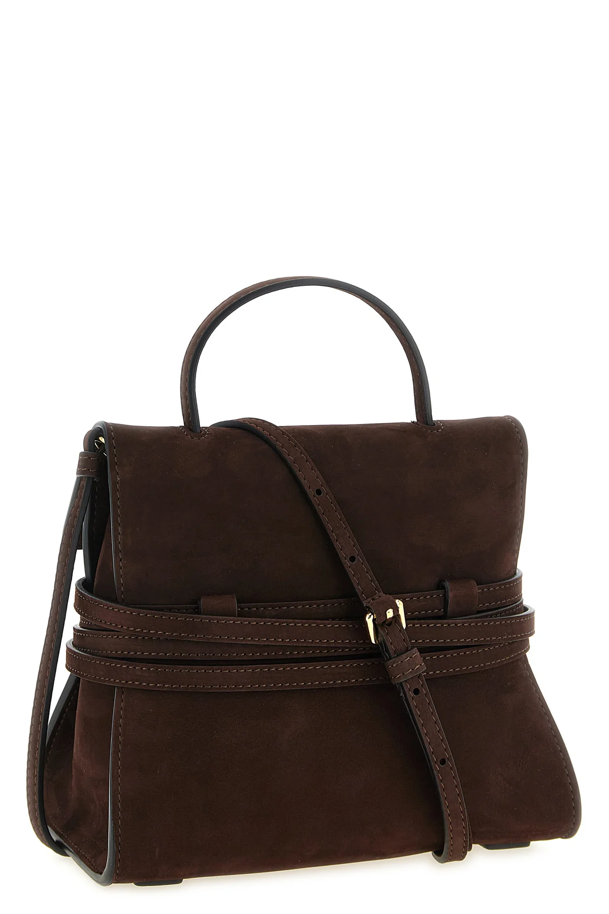 MOSCHINO OS moschinos regular tie me handbag in fine dark brown calf nubuck defines a str