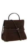 moschinos regular tie me handbag in fine dark brown calf nubuck defines a str