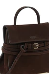 moschinos regular tie me handbag in fine dark brown calf nubuck defines a str