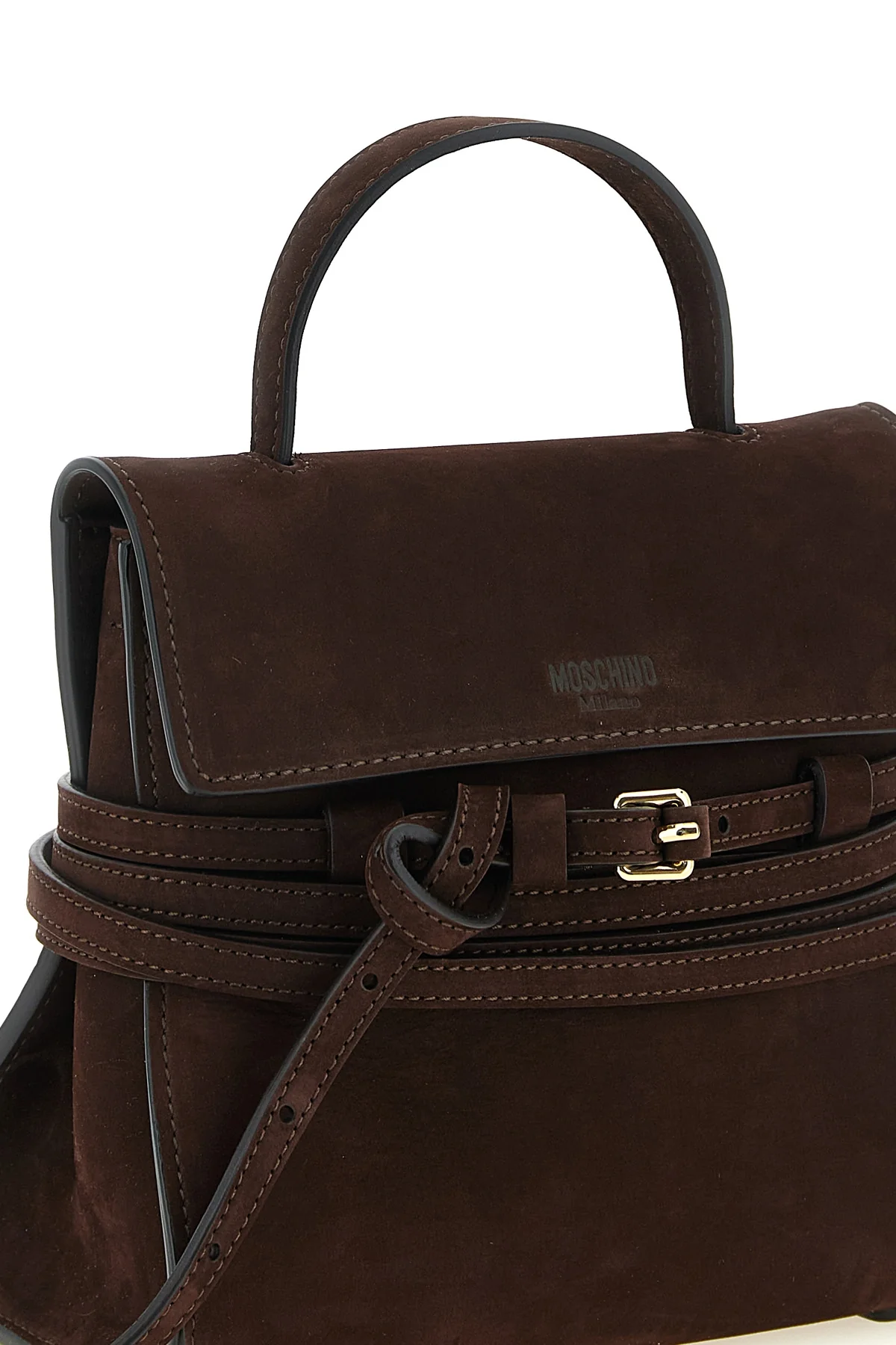 moschinos regular tie me handbag in fine dark brown calf nubuck defines a str
