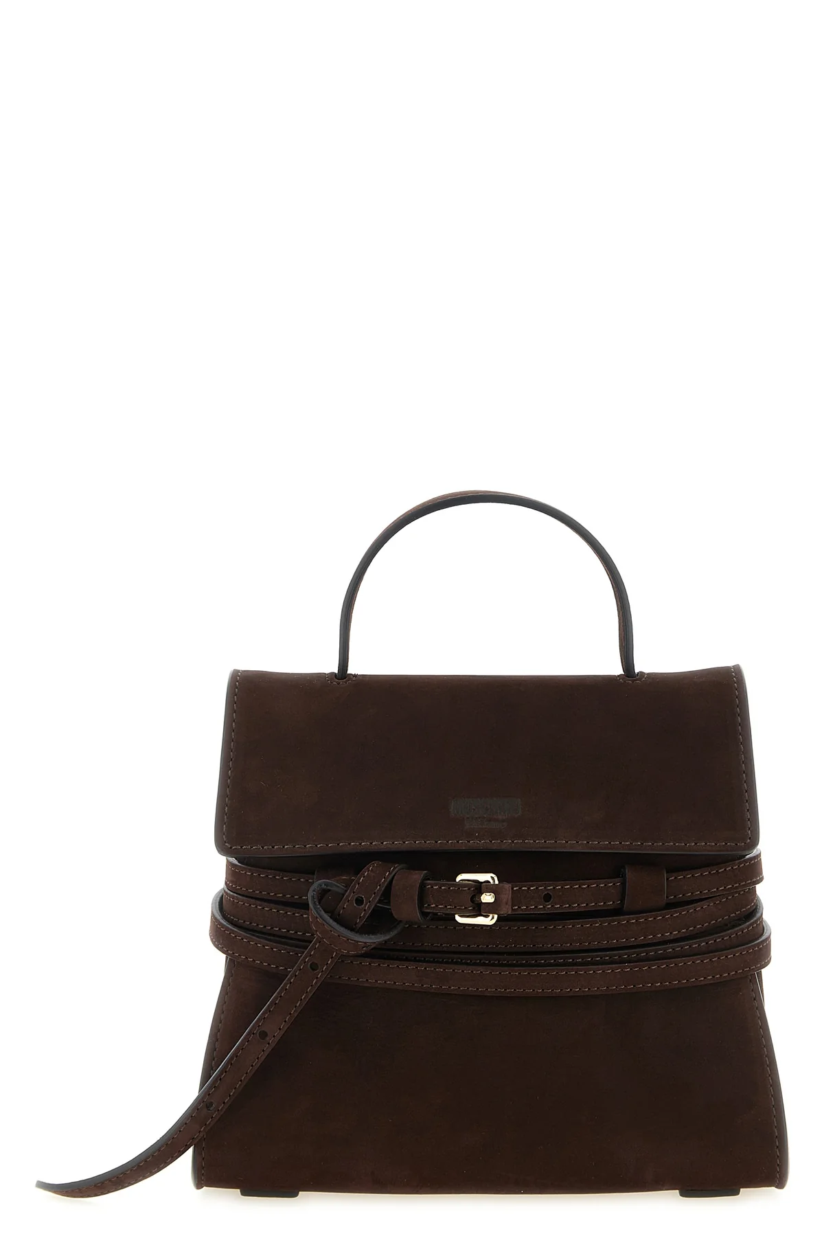 MOSCHINO OS moschinos regular tie me handbag in fine dark brown calf nubuck defines a str