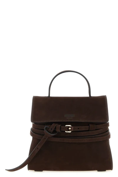 moschinos regular tie me handbag in fine dark brown calf nubuck defines a str
