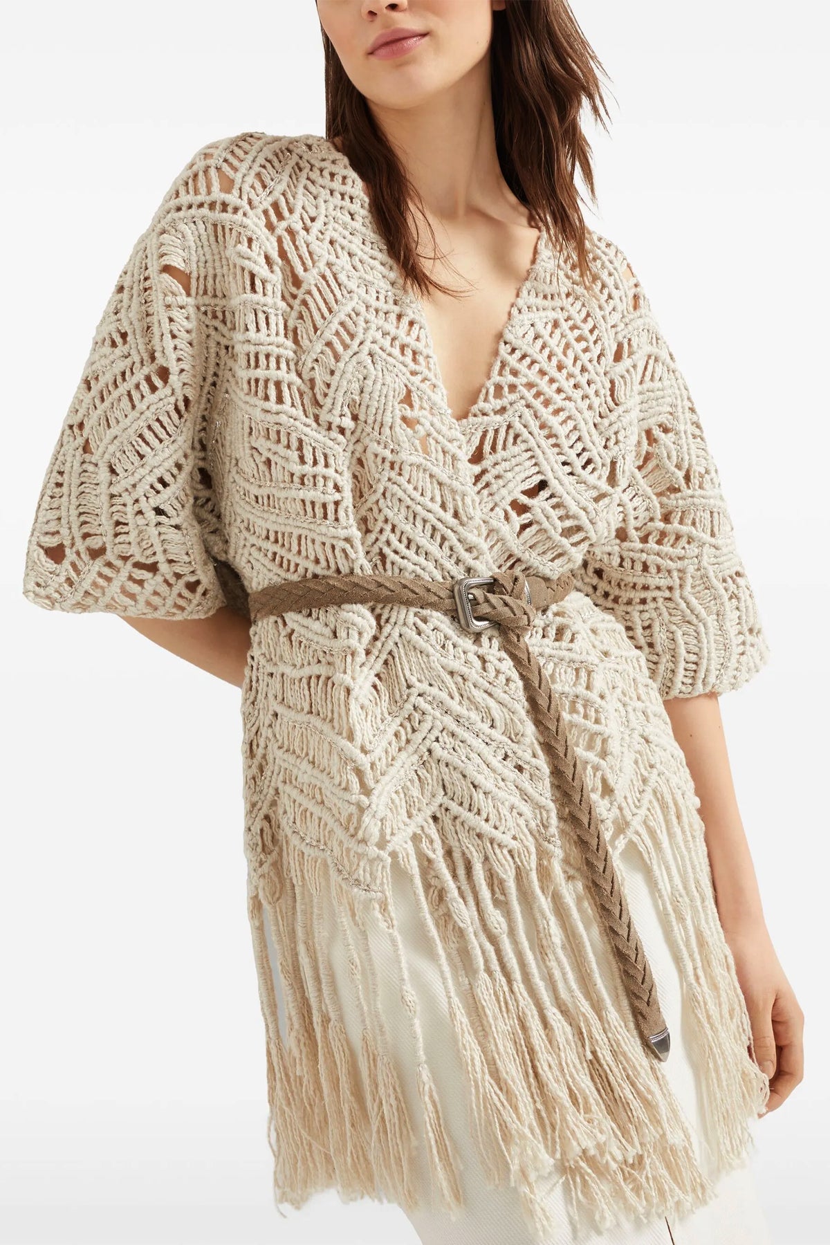 BRUNELLO CUCINELLI M opera dazzling macramé silk and linen cardigan woven