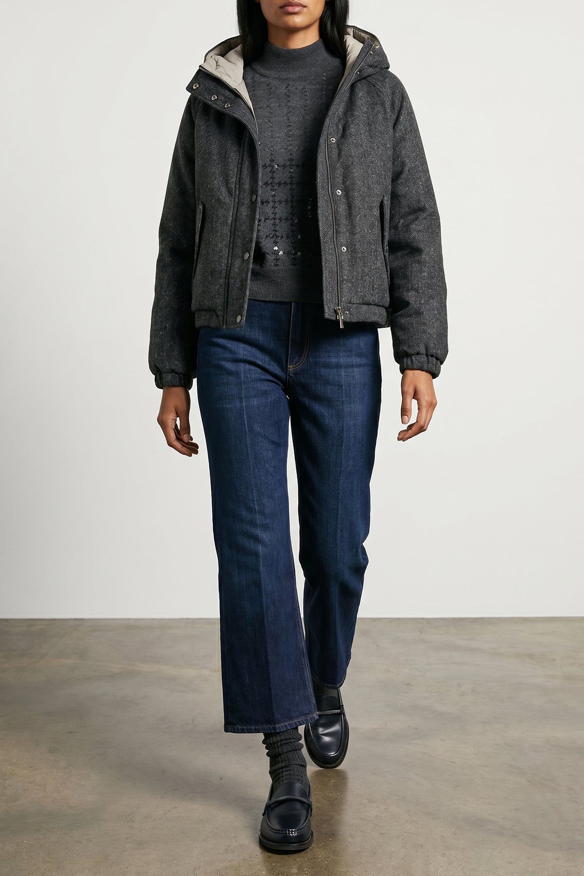 BRUNELLO CUCINELLI 38 salt and pepper patterned donegal tweed down jacket