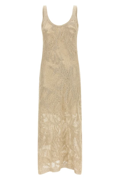 long dress in linen and cotton blend crocheted
