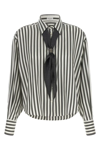 the brunello cucinelli silk poplin shirt stands out for a two-tone striped sarto