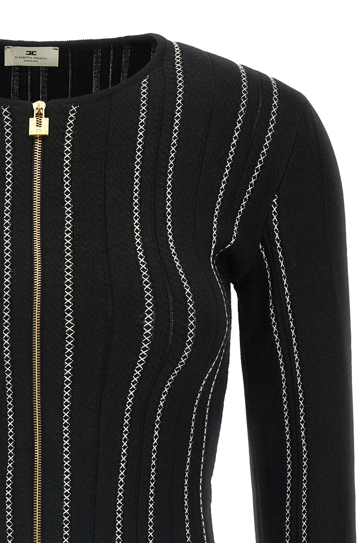 the elisabetta franchi cardigan stands out for a sartorial construction defined