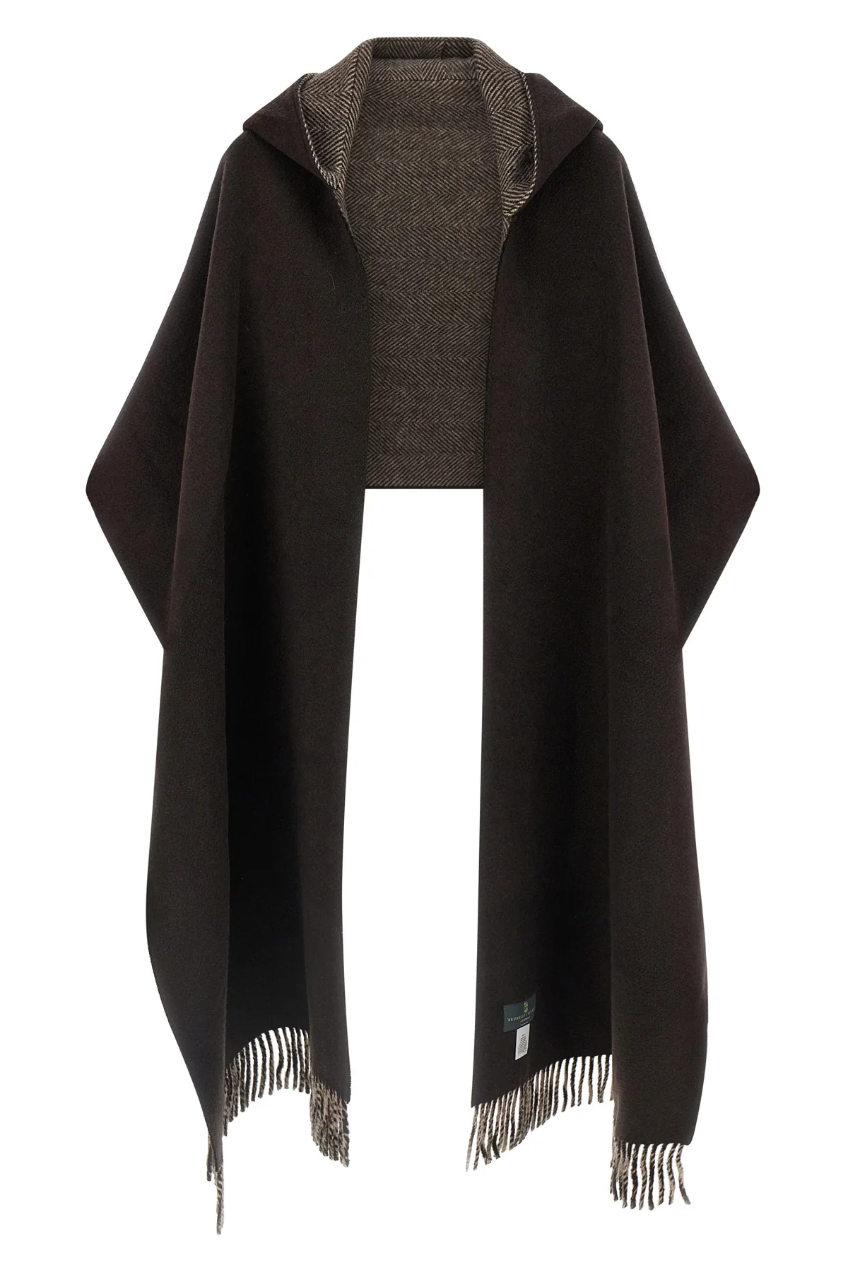 the brunello cucinelli reversible hooded scarf in pure cashmere represents the p