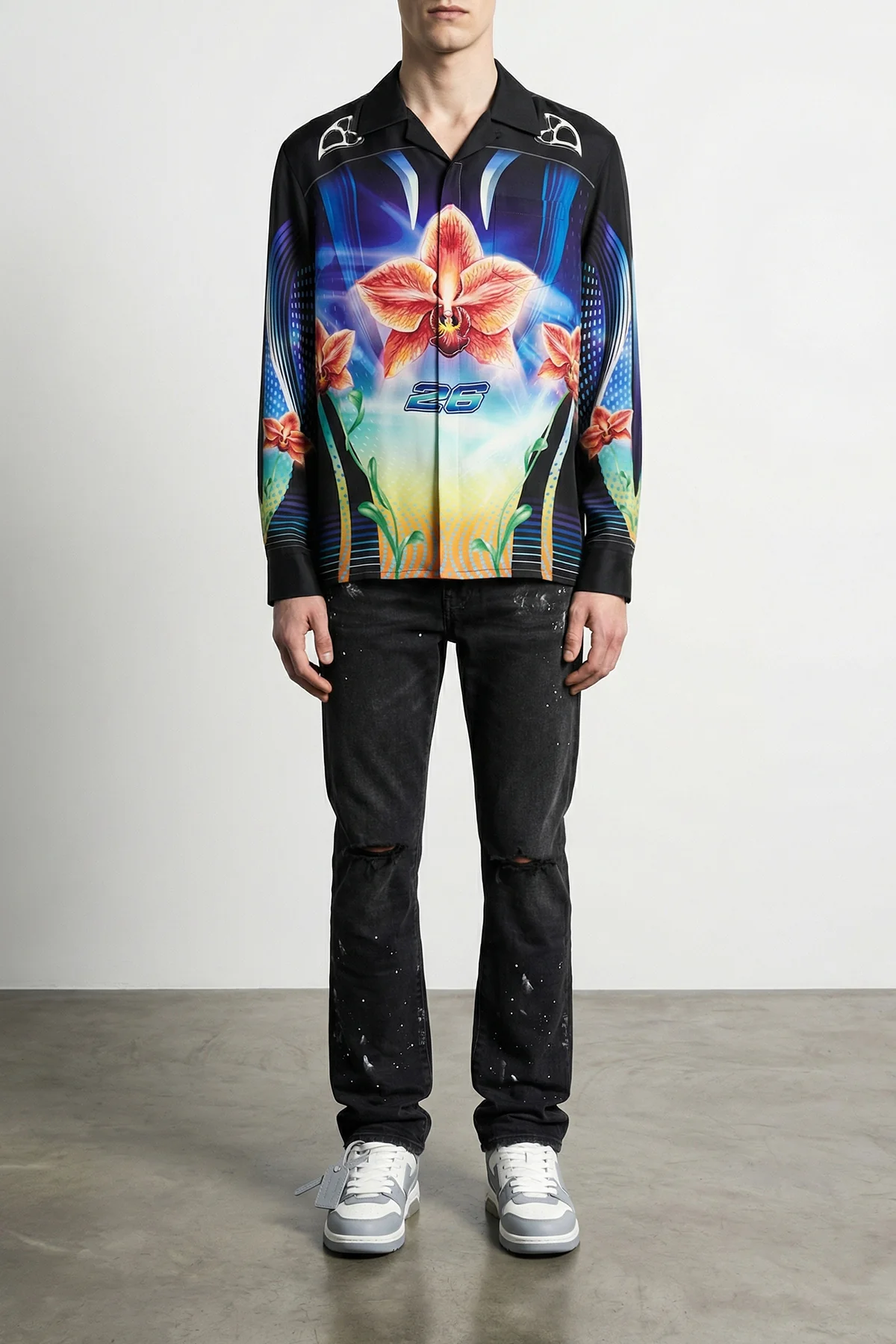 CASABLANCA L all-over orchid racer print silk twill shirt