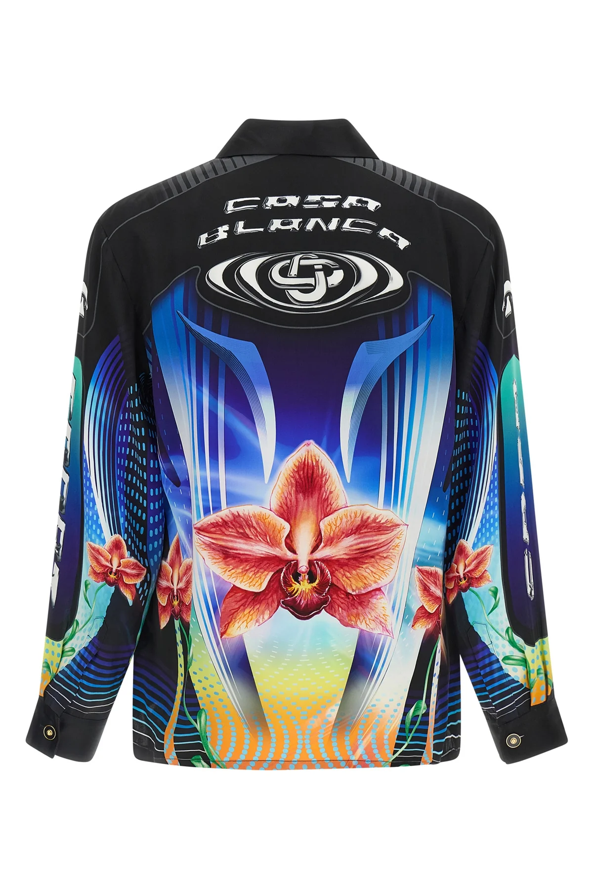 all-over orchid racer print silk twill shirt
