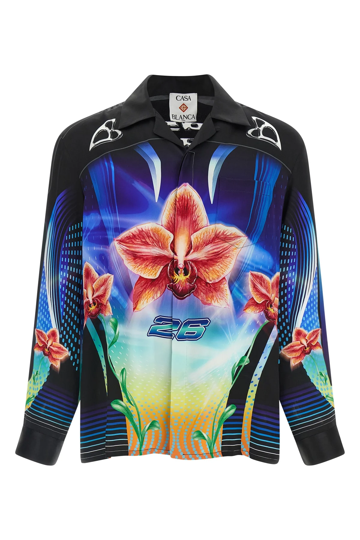 all-over orchid racer print silk twill shirt