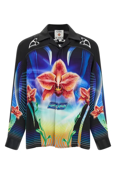all-over orchid racer print silk twill shirt