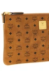 the mcm aren mini clutch bag is made of visetos monogram canvas