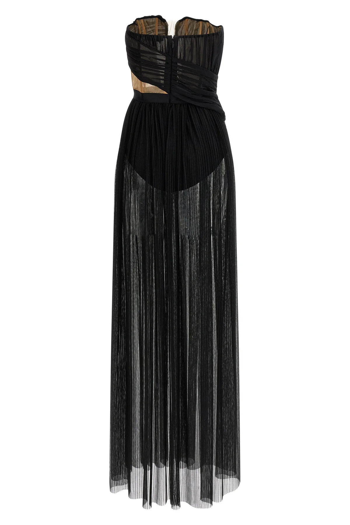 long corsetto draped gown dress in semi-transparent tulle