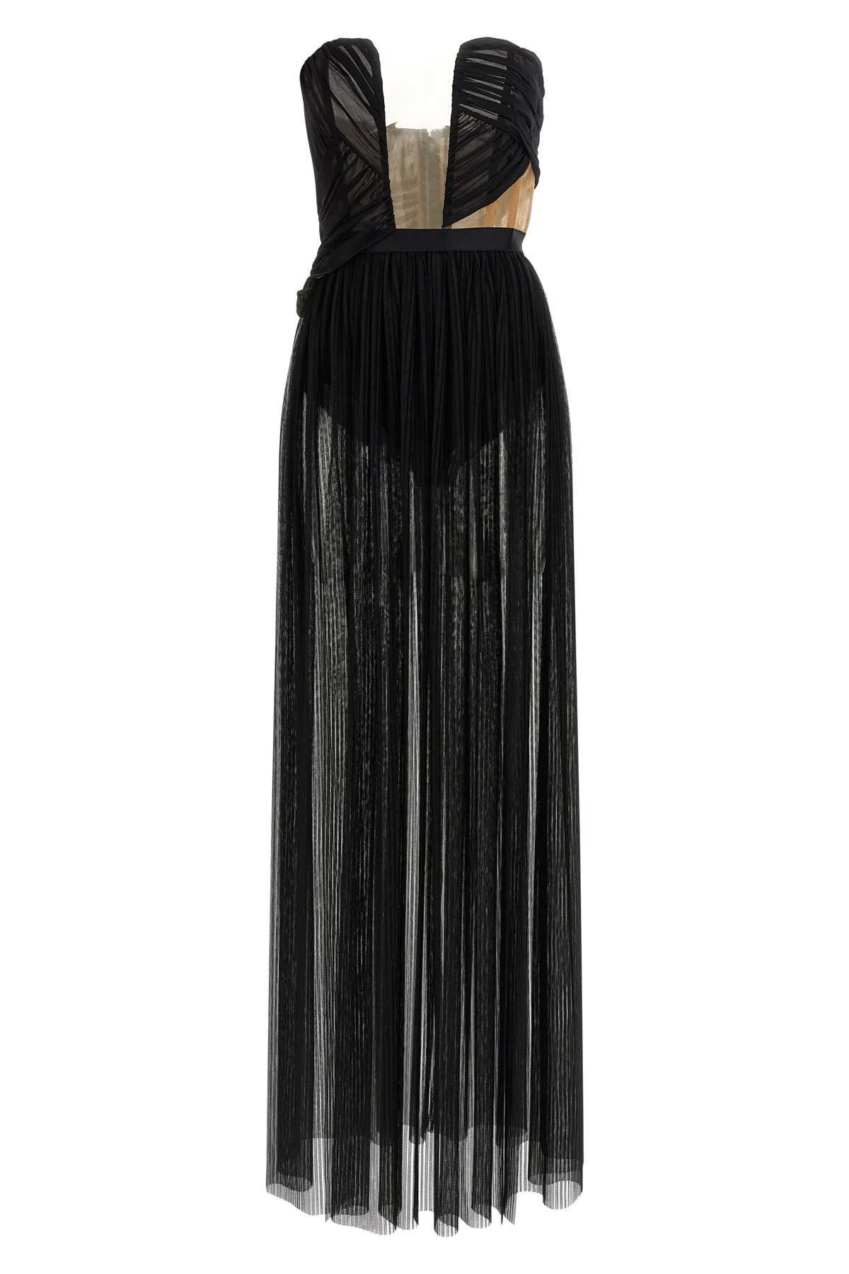 long corsetto draped gown dress in semi-transparent tulle