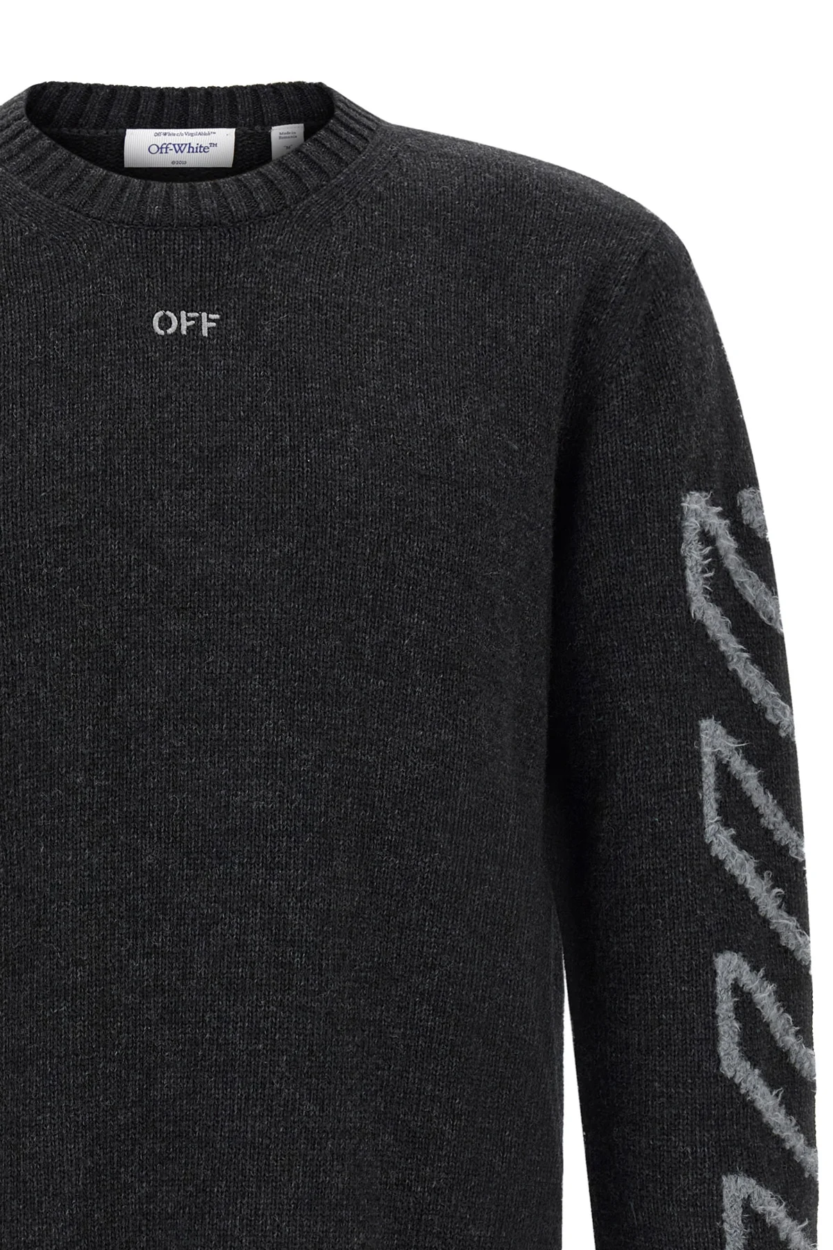 the off-white diagonal arrow fuzzy crew neck sweater