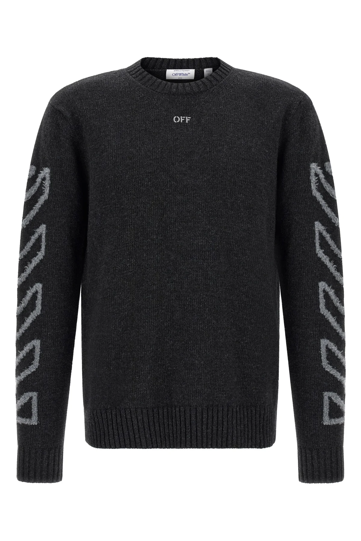the off-white diagonal arrow fuzzy crew neck sweater