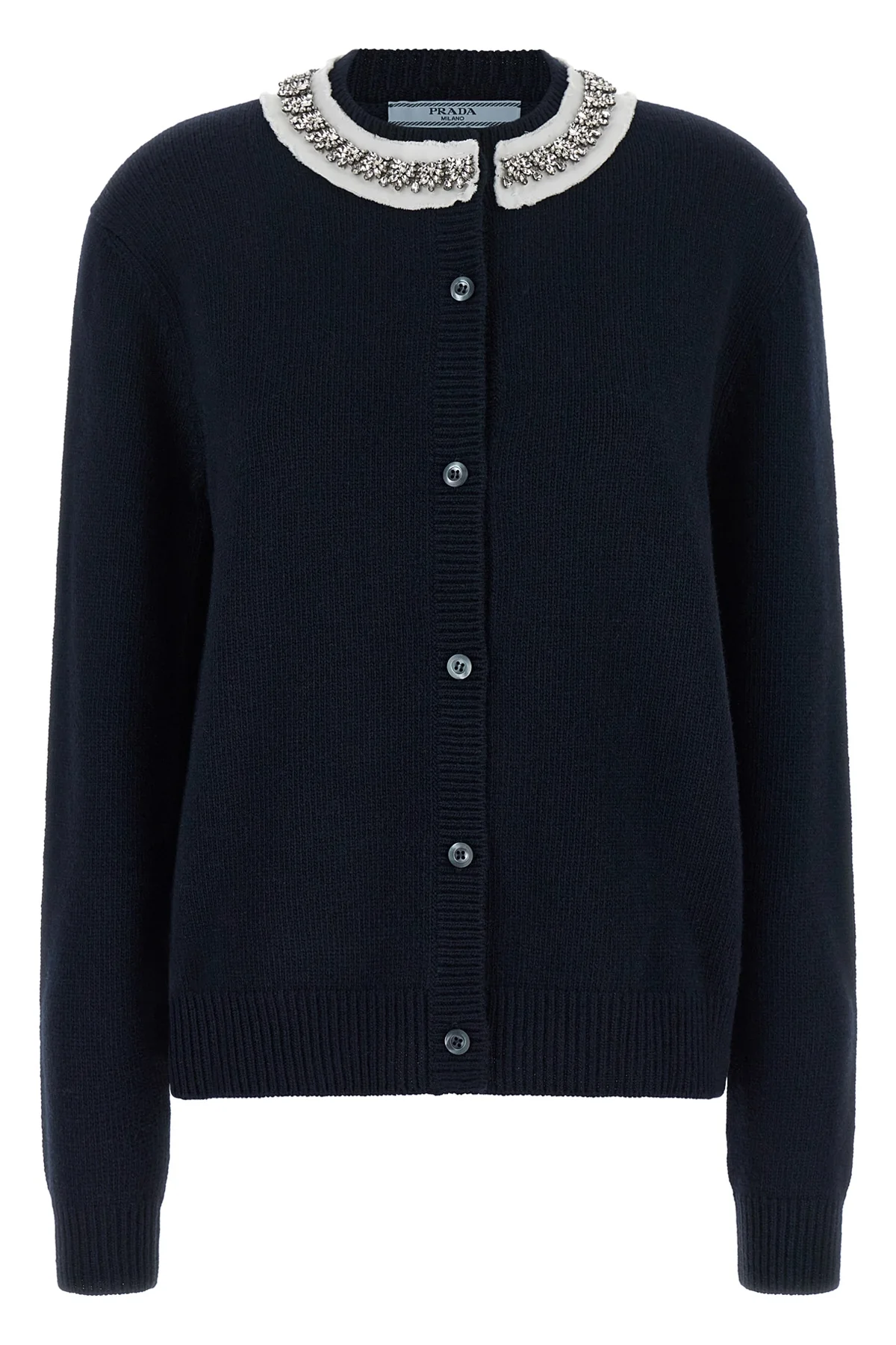 the prada cardigan in fine navy blue yarn embodies timeless elegance through une