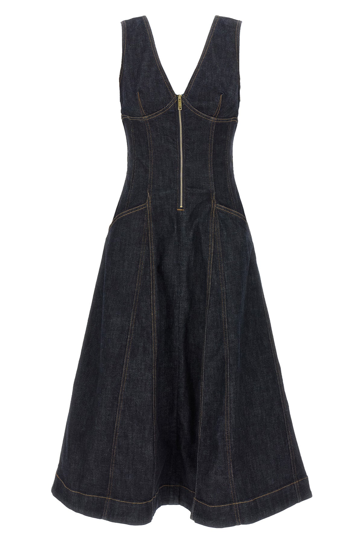 SELF PORTRAIT 6 sleeveless cotton denim indigo denim midi dress