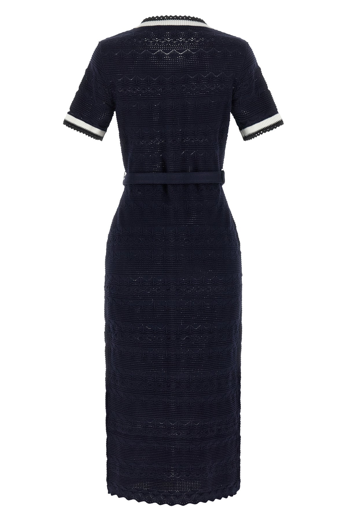 SELF PORTRAIT S navy pointelle knit midi pointelle knit dress