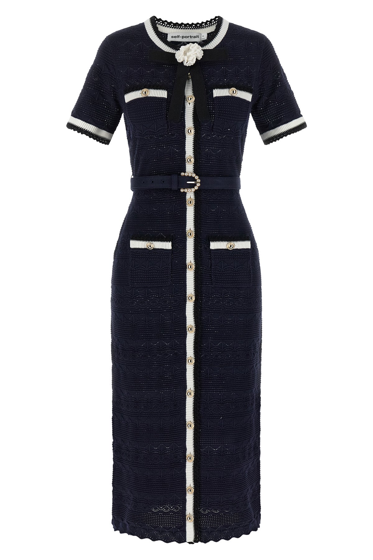 SELF PORTRAIT S navy pointelle knit midi pointelle knit dress