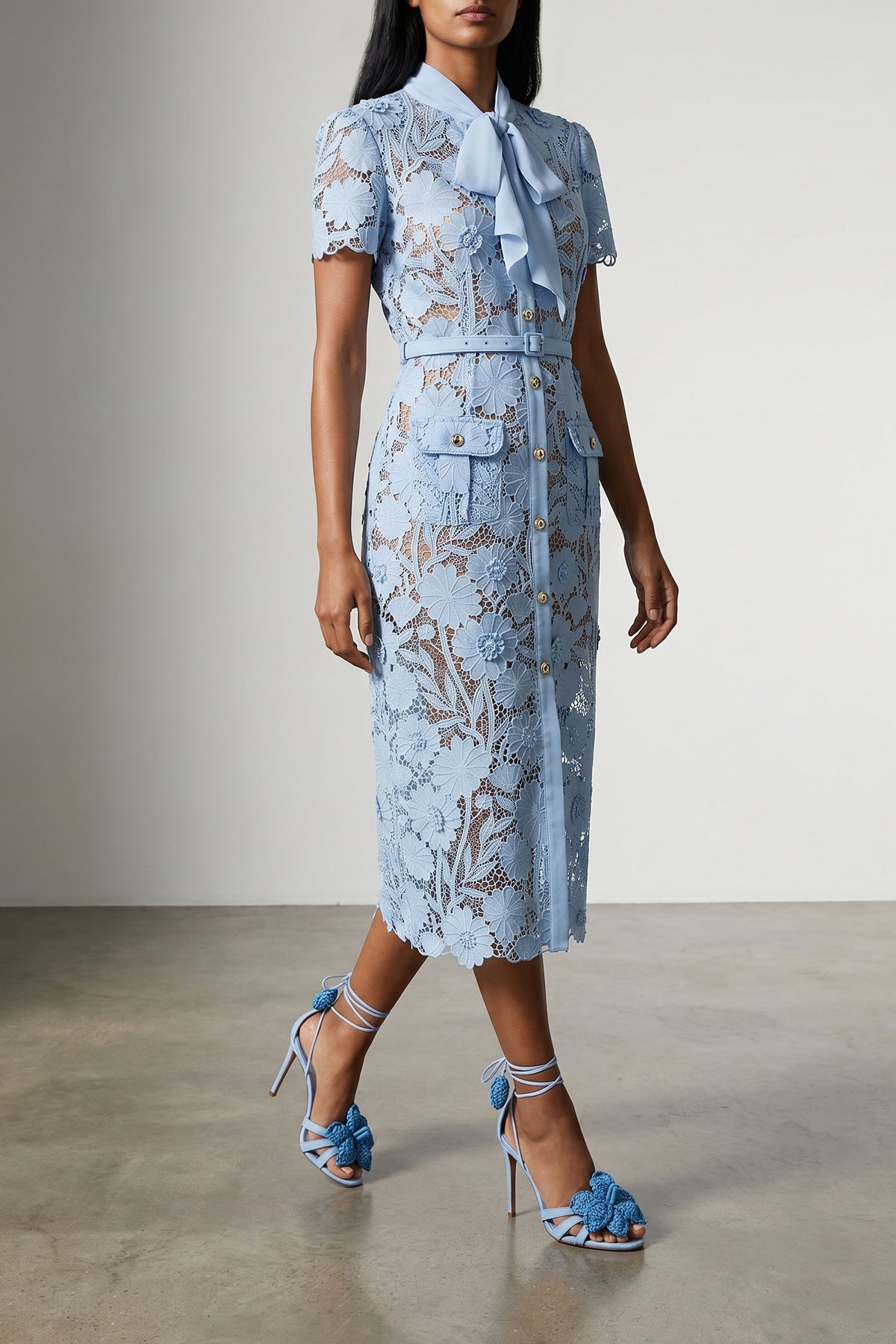 SELF PORTRAIT 6 blue lace tie neck midi lace dress
