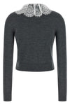 grey lace collar knit slightly cropped cardigan in stretch wool wool