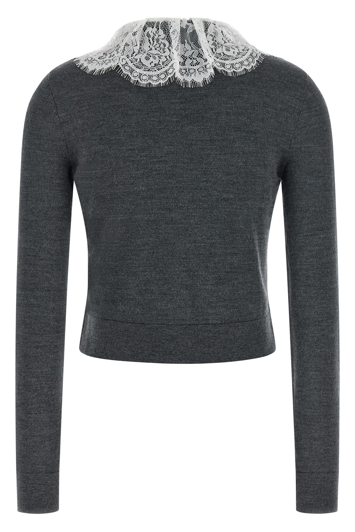 grey lace collar knit slightly cropped cardigan in stretch wool wool