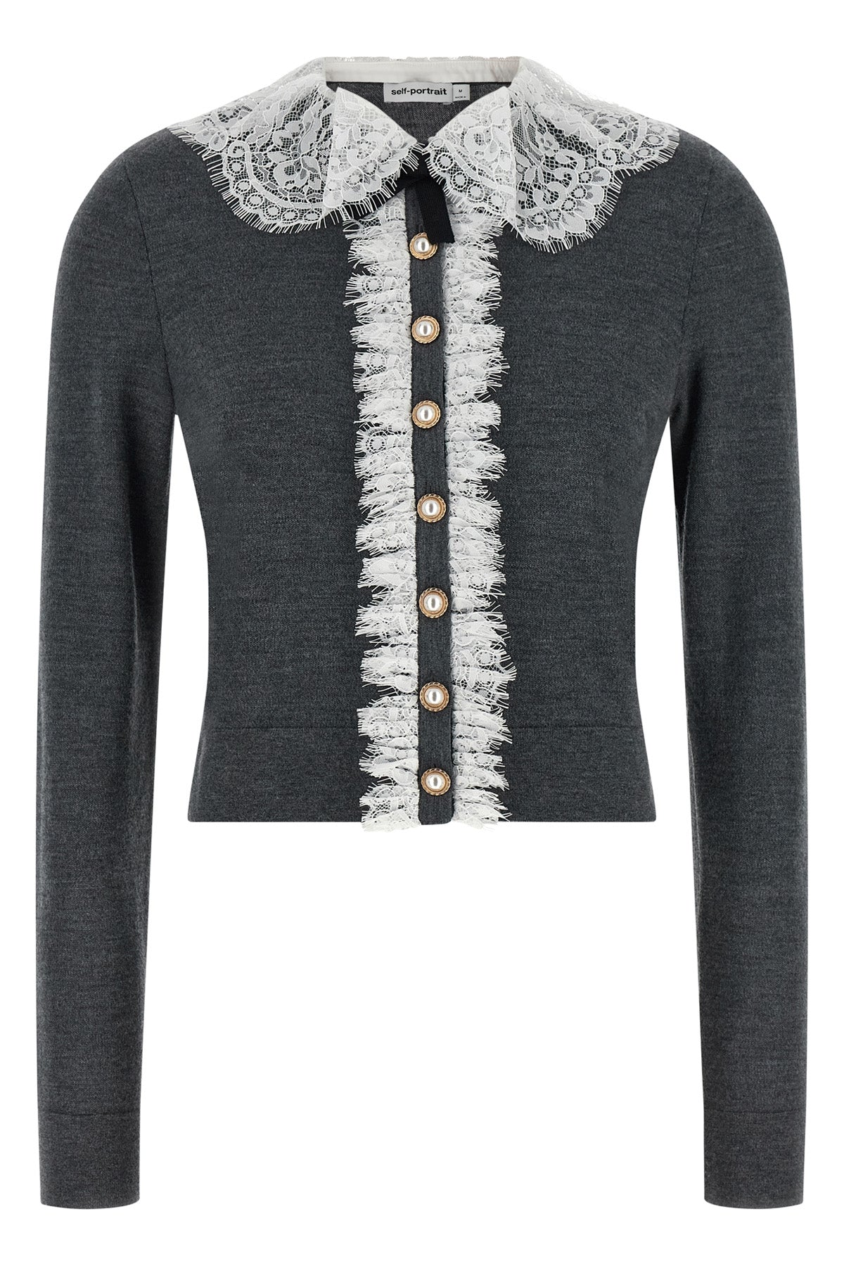 SELF PORTRAIT M grey lace collar knit slightly cropped cardigan in stretch wool wool