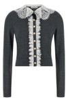 grey lace collar knit slightly cropped cardigan in stretch wool wool