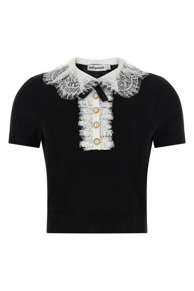 black knit lace collar slightly cropped stretch wool knit top