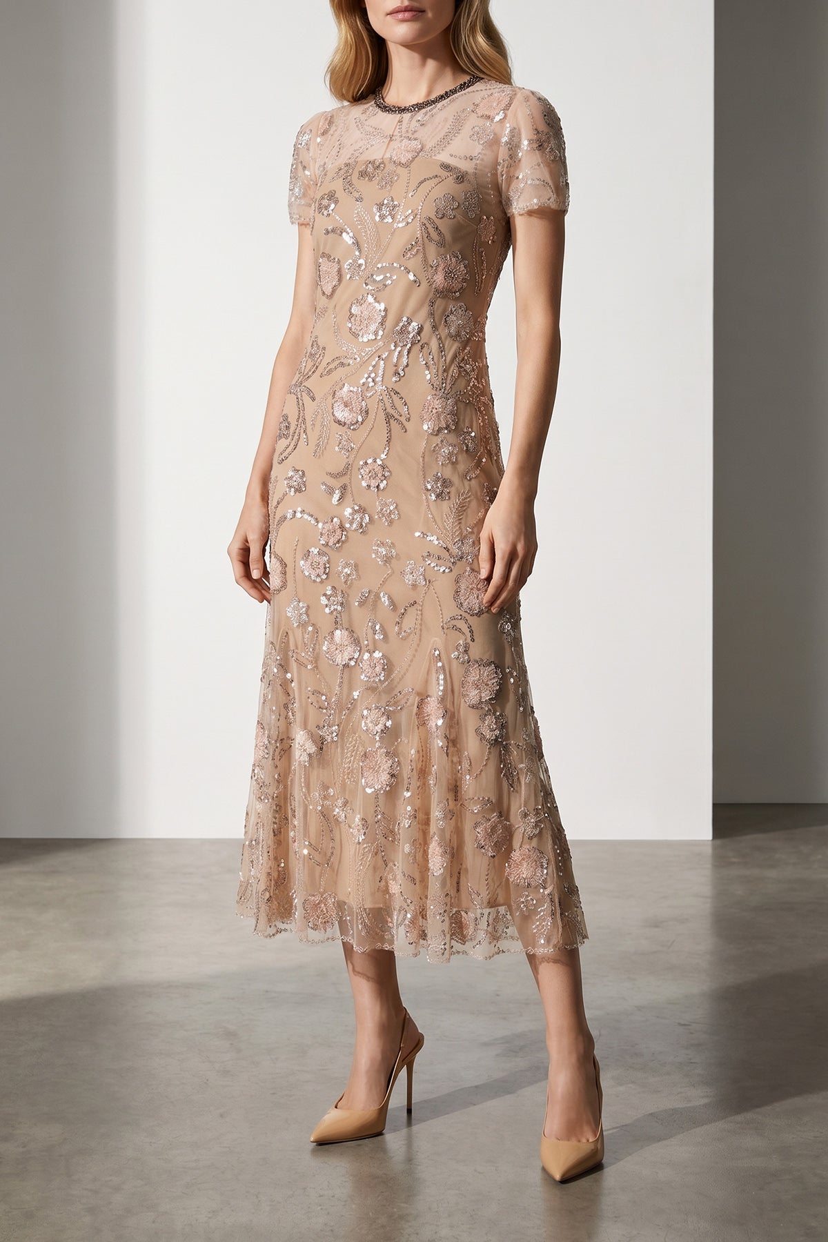 SELF PORTRAIT 6 pink flower sequin embellished midi tulle dress